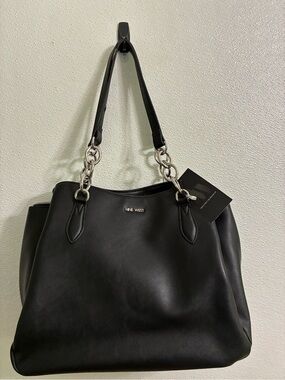 NWT Roomy  Nine West Black Shoulder Tote with Silver Chain Accents
